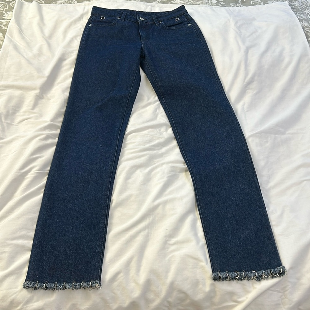 NWOT, ALYX JEANS, size 26, fray hem with pierced hoops, dark wash, made in Italy
